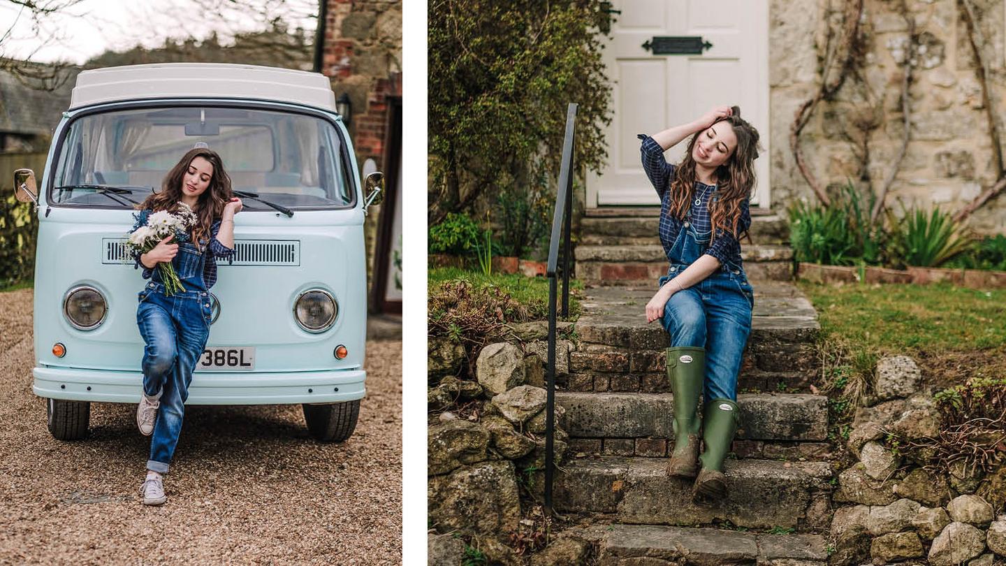 Jordan waring FatFace blue dungarees and green Rockfish wellies while standing by a cottage and campervan. 